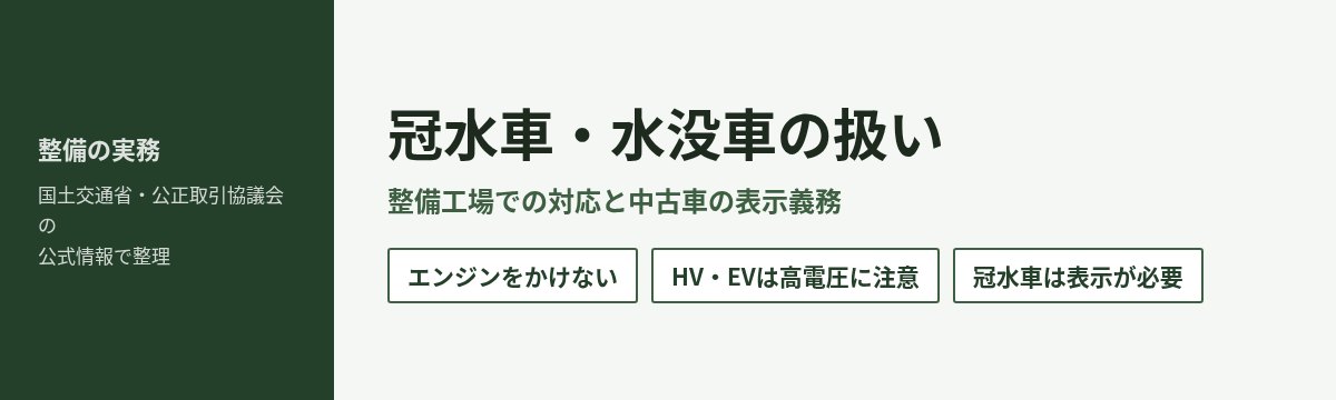 冠水車・水没車の扱い 自分でエンジンをかけない HV・EVは高電圧に注意 中古車は冠水車の表示が必要